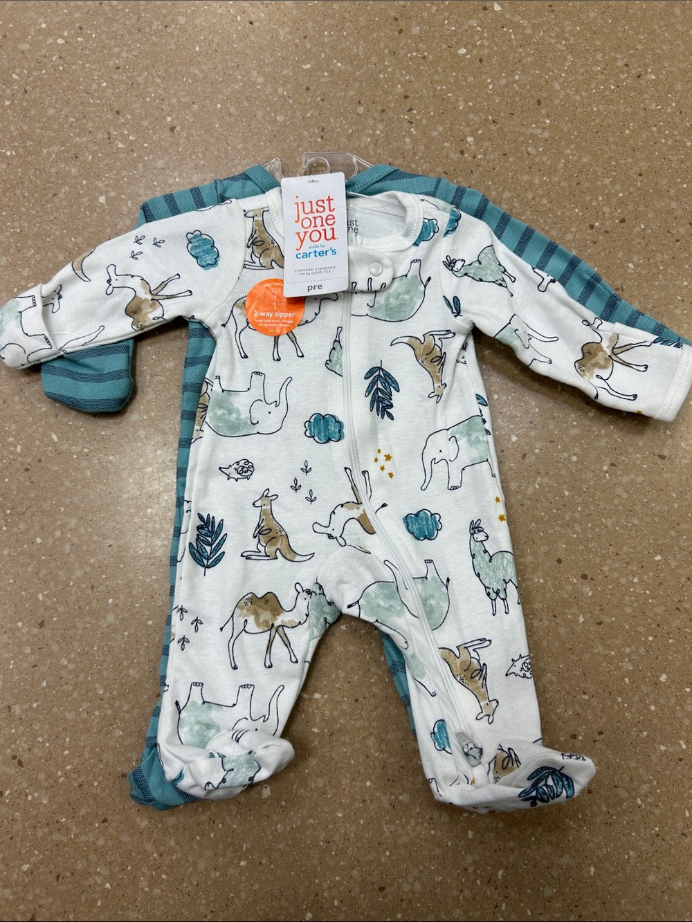 Carter's White Footed One-Piece with Teal and Tan Animal Print